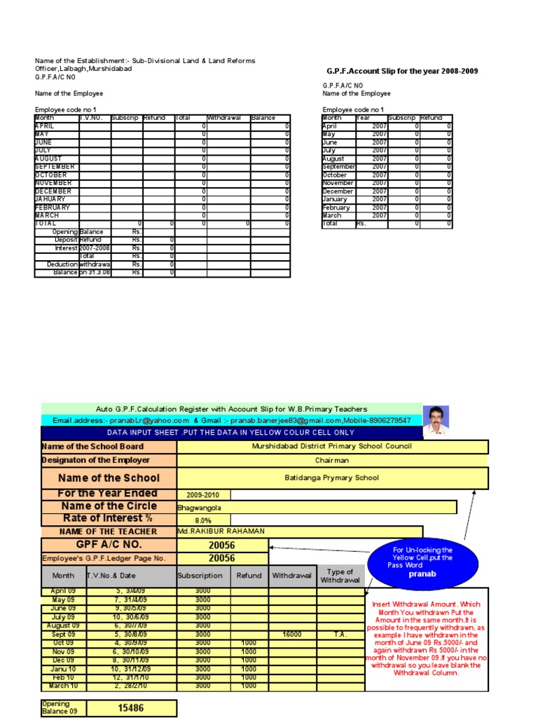 Prymary Teacher's GPF Account Slip for W.B Business