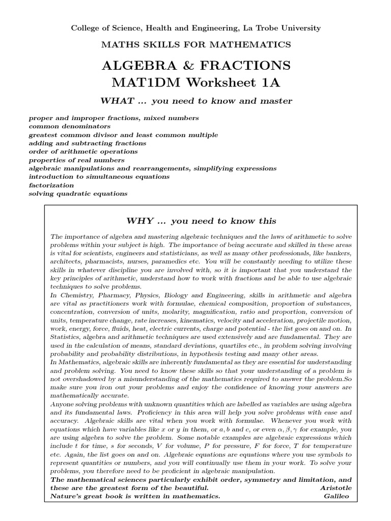 Algebra & Fractions MAT1DM Worksheet 1A: Maths Skills For Mathematics ...