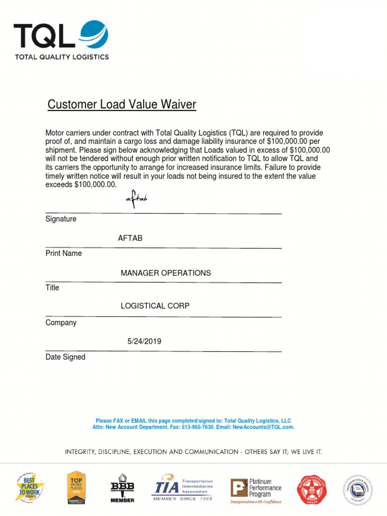 Customer Load Value Waiver Form | PDF | Finance & Money Management