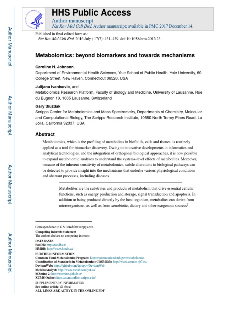 Metabolomics: Mechanisms Beyond Biomarkers | PDF | Metabolomics | Mass ...