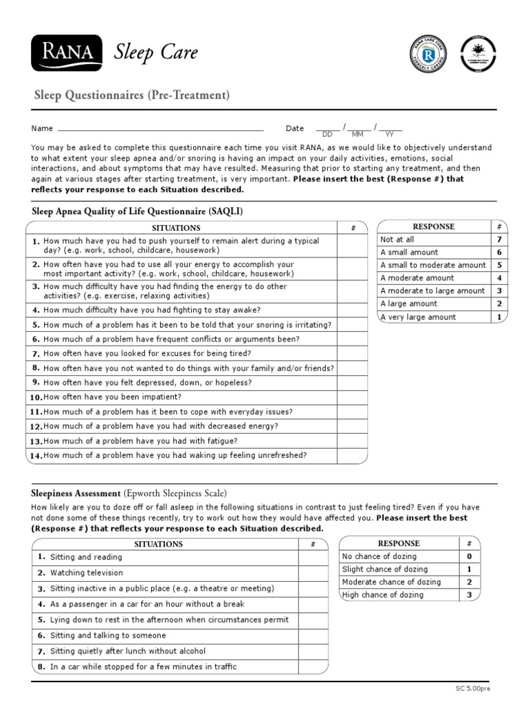 Pre Saqli and Epworth Questionnaires Snoring Sleep