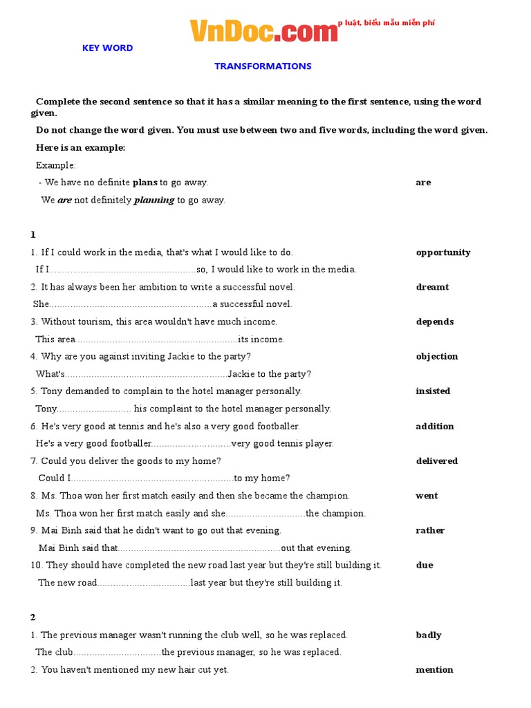 Key Word Transformation Exercises | PDF