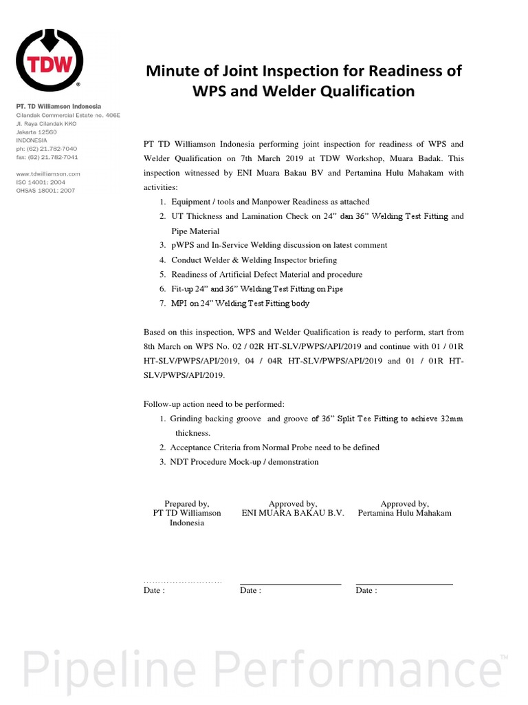 Minute of Joint Inspection For Readiness of WPS and Welder ...