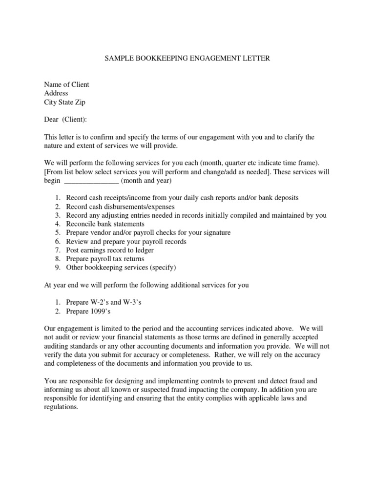 Sample Bookkeeping Engagement Letter PDF | PDF | Bookkeeping | Mediation