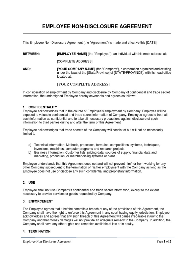 Employee Non Disclosure Agreement PDF Non Disclosure Agreement