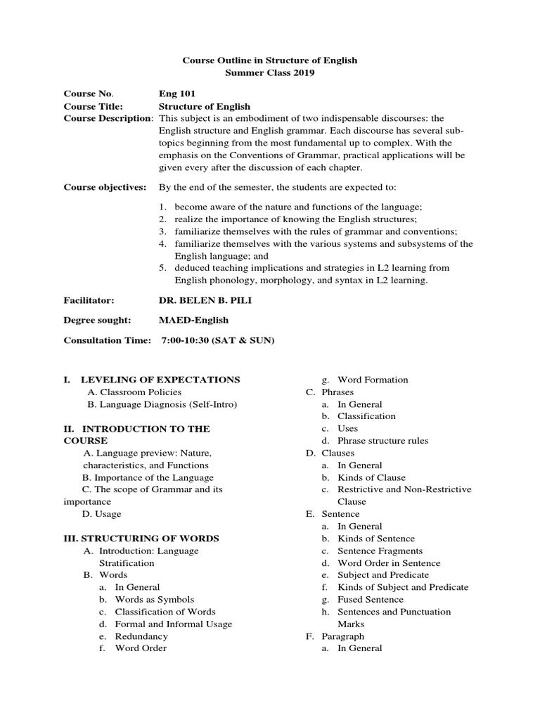 Course Outline in Structure of English | PDF | Verb | Noun
