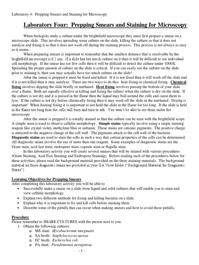 Laboratory Four Prepping Smears and Staining For Micros PDF