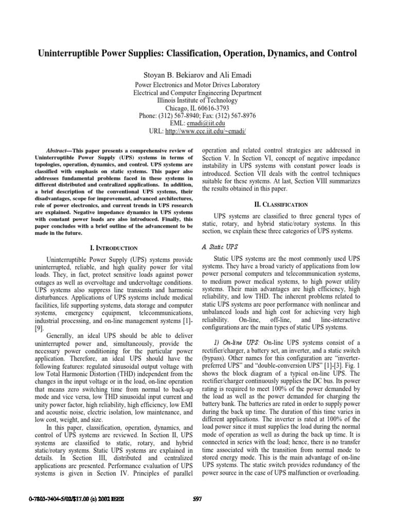 Uninterruptible Power Supplies Classification Operation Dynamics PDF