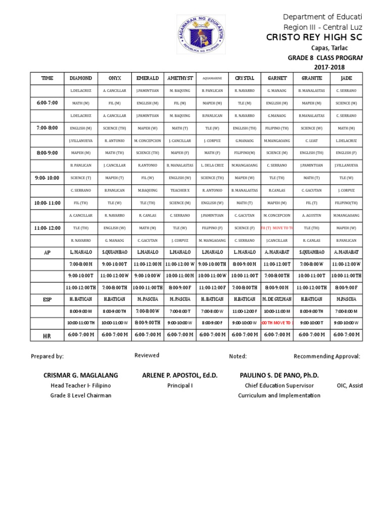 Grade 8 Class Program 2017-2020 | PDF | Classification Of Minerals ...