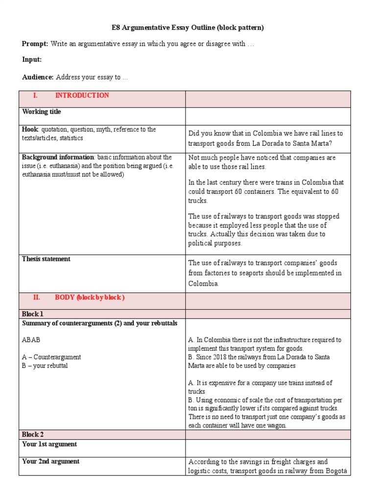 Argumentative Essay Outline (Block Pattern) | PDF | Essays | Rail Transport