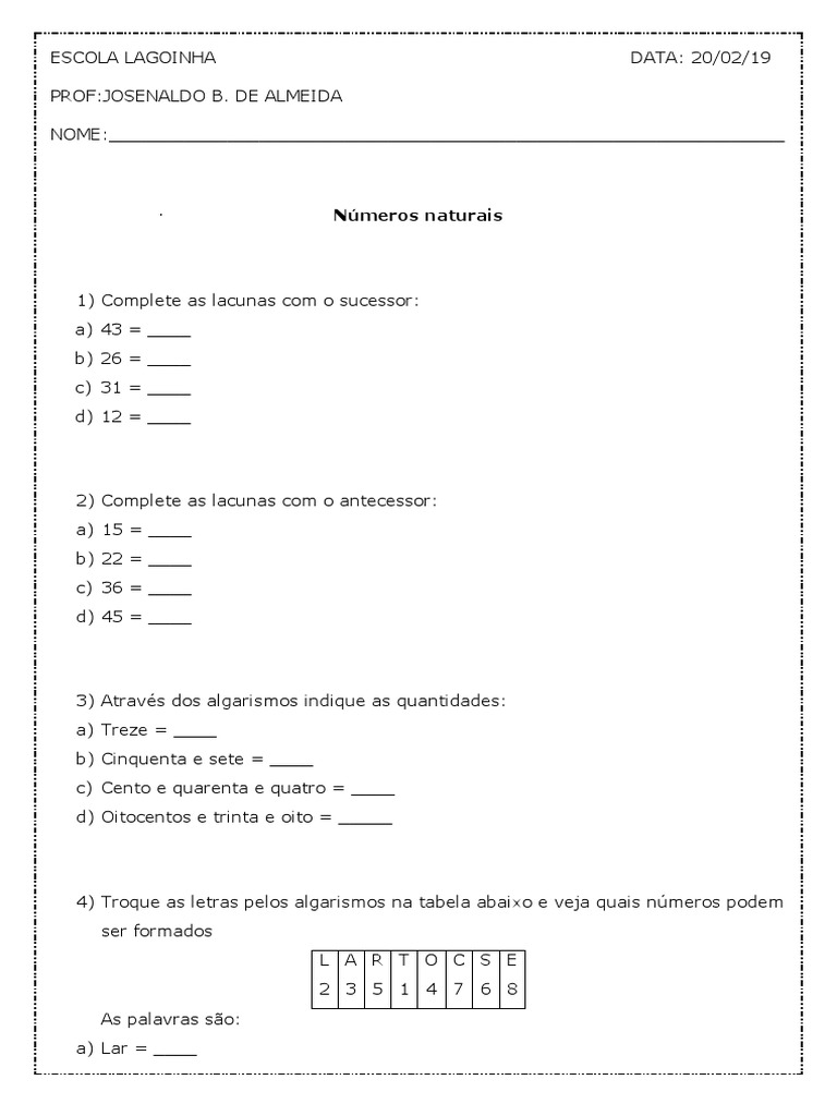 Numeros Naturais 4 Ano | PDF | Ensino de Matemática