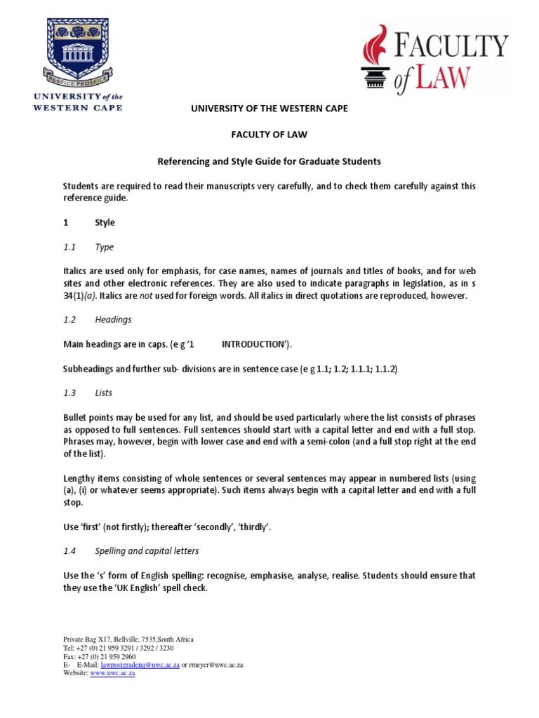 UWC Law Referencing and Style Guide | PDF | Bracket | Treaty