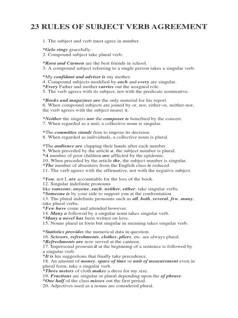 23 Rules of Subject-Verb Agreement | PDF | Grammatical Number | Plural