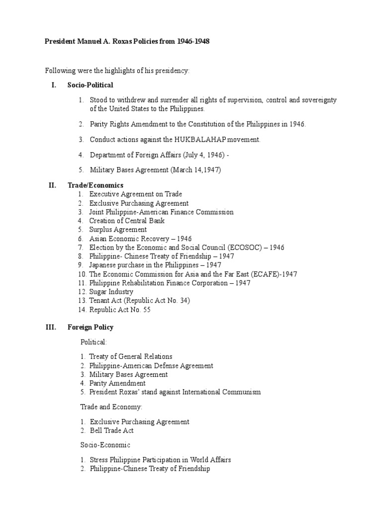 President Manuel A. Roxas Policies From 1946-1948 | PDF | President Of ...