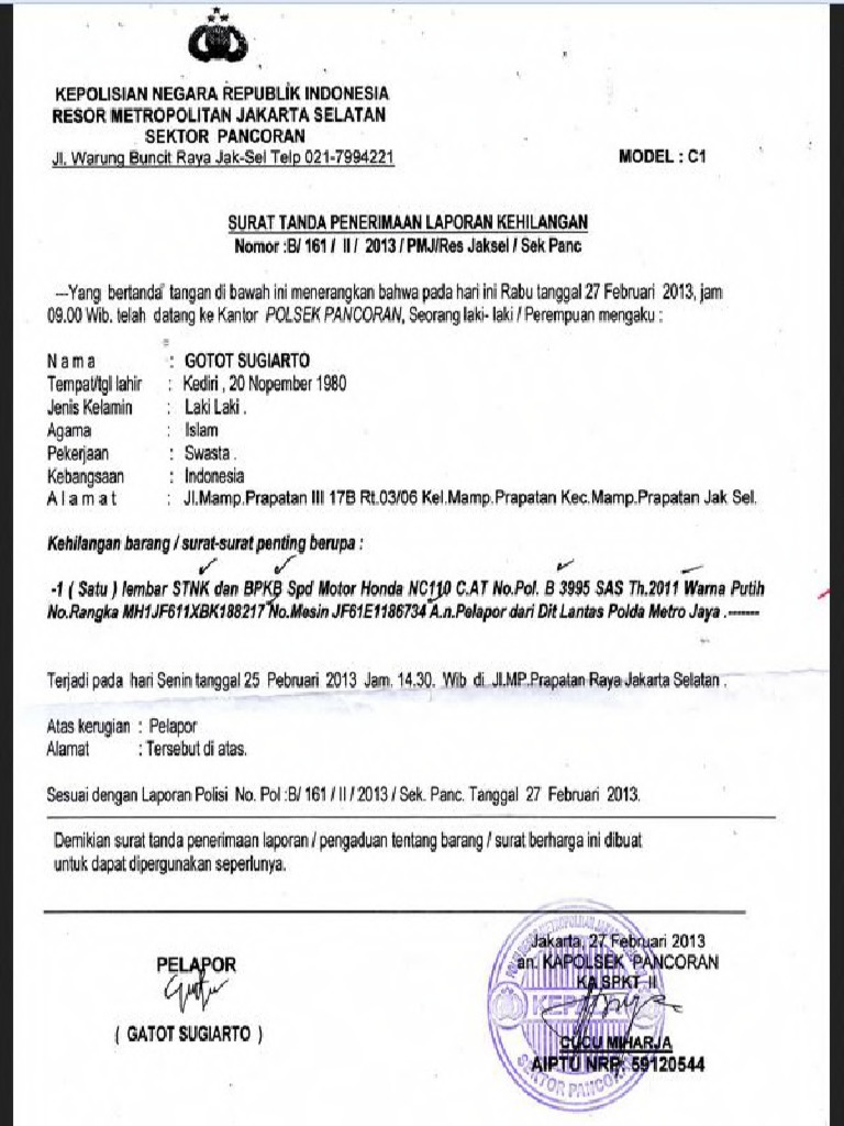 Contoh Surat Keterangan Kehilangan Dari Polsek
