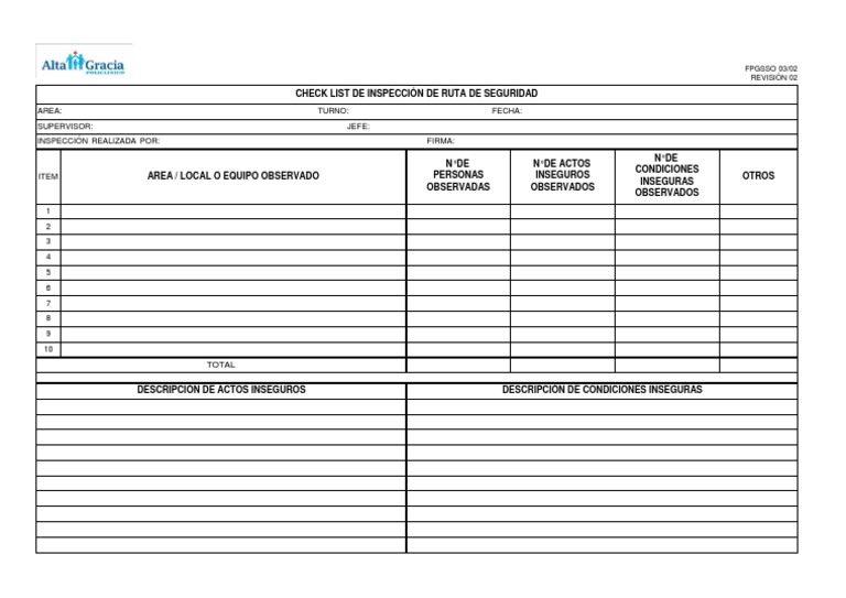 Check List de Inspecci - N de Ruta de Seguridad - Frente | PDF