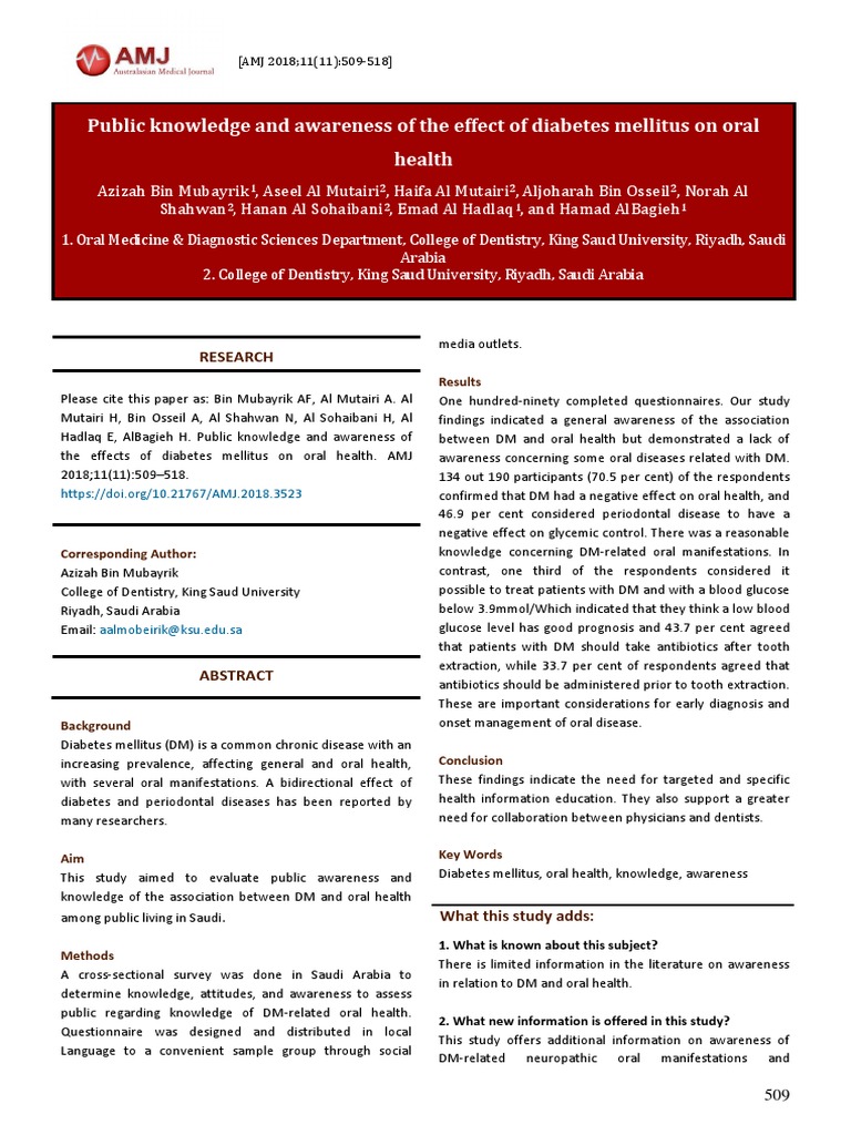 Public Knowledge and Awareness of The Effect of Diabetes Mellitus On ...