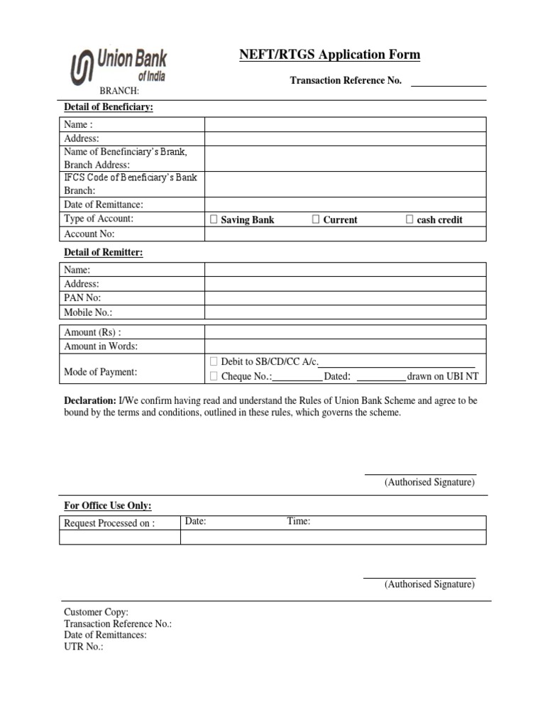 NEFT/RTGS Application Form: Transaction Reference No. Detail of ...