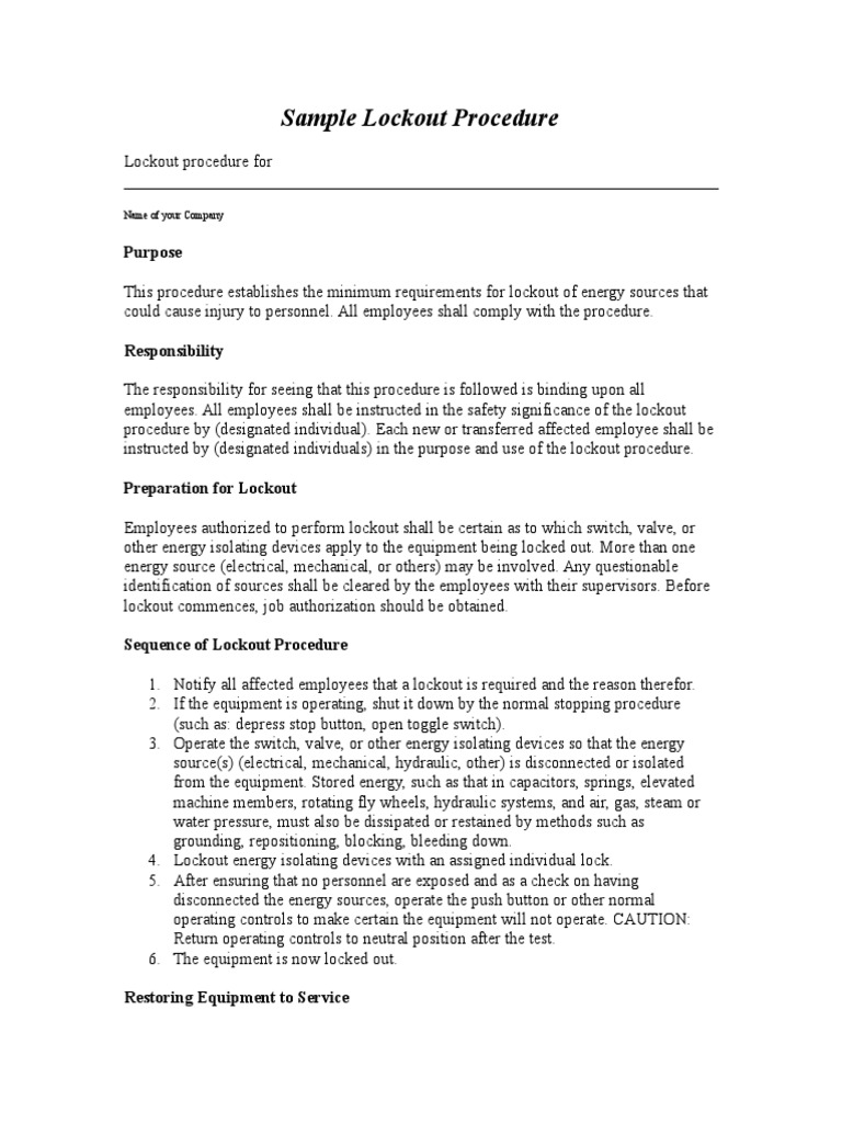 Sample Lockout Procedure: Purpose | PDF | Electromagnetism | Engineering