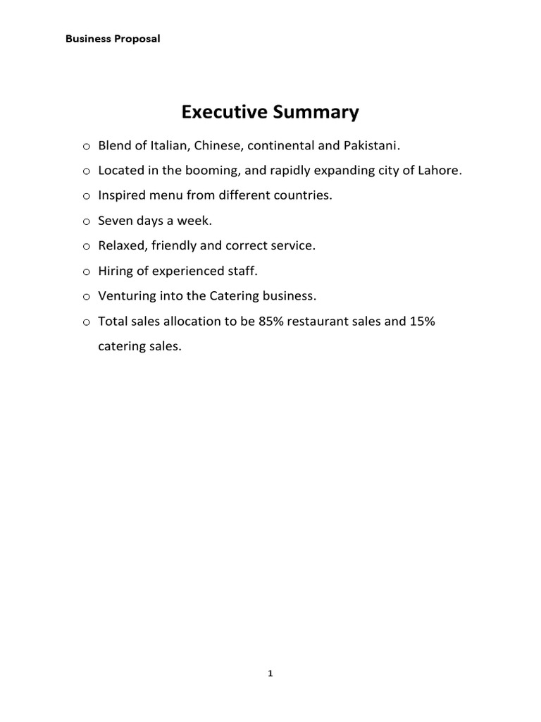 Executive Summary Business Proposal Restaurants Chef