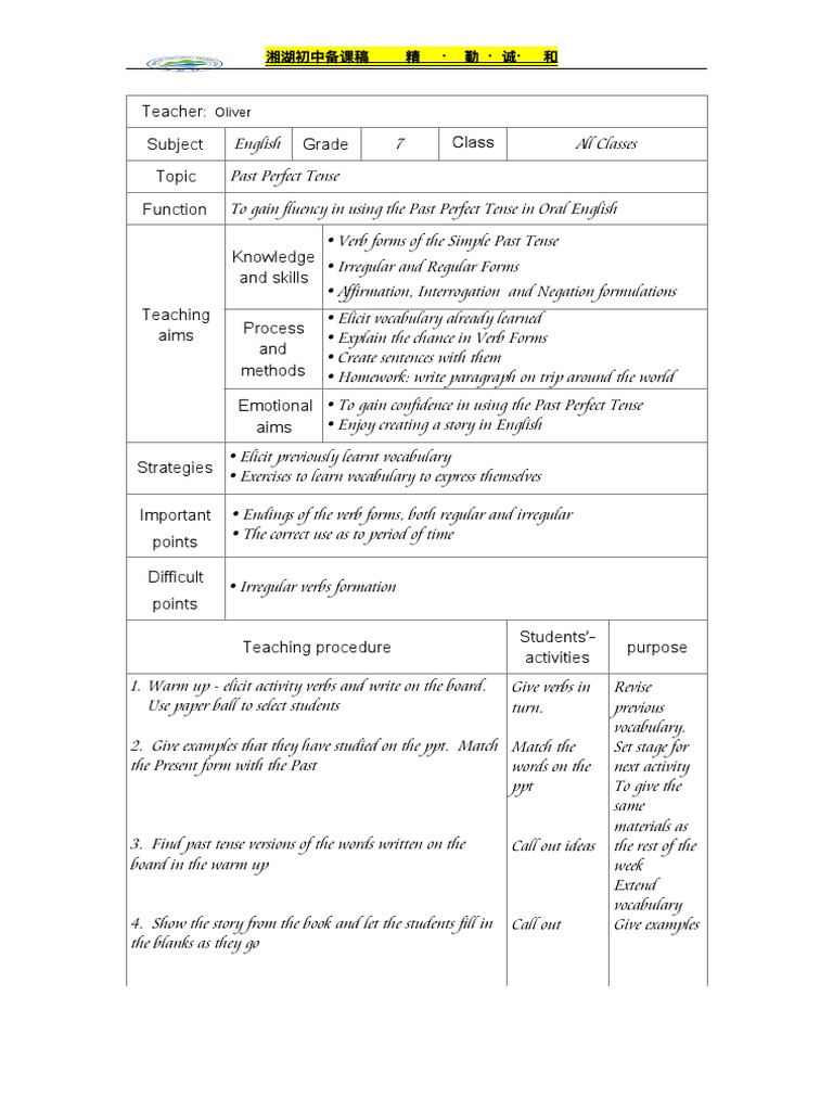 Past Perfect Tense Lesson Plan for Grade 7 | PDF | Question | Vocabulary