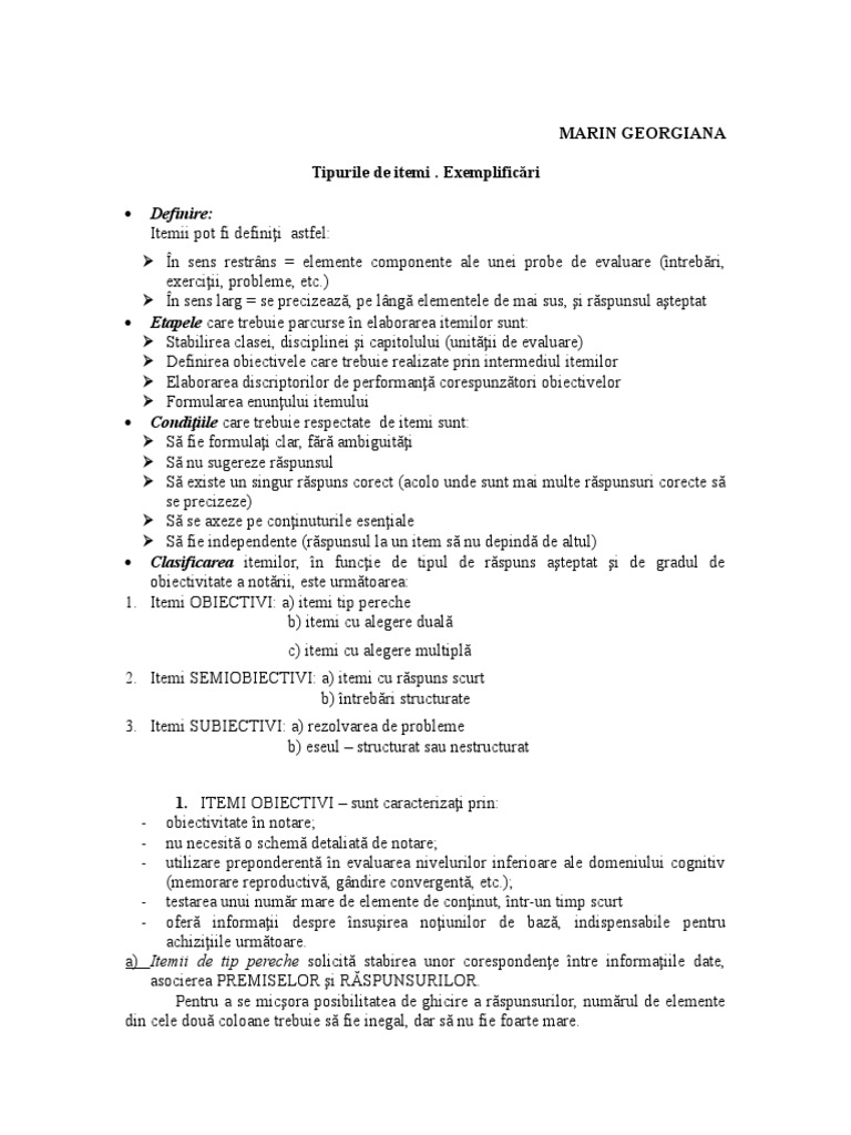 Tipuri de Itemi Cu Exemplificari Pentru Invatamantul Primar | PDF