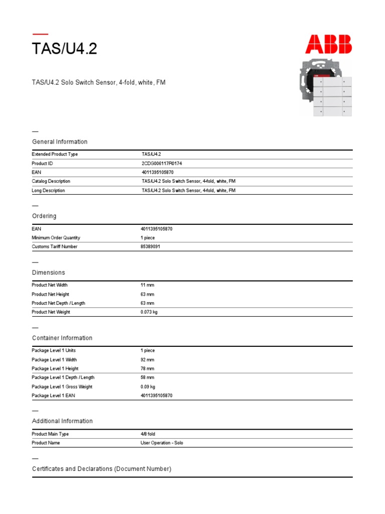 2cdg006117r0174 Tas U4 2 Solo Switch Sensor 4 Fold White Fm Pdf