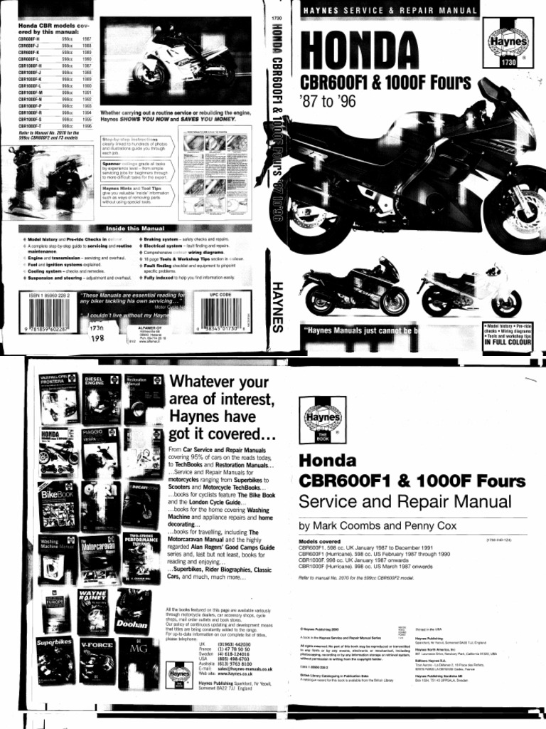 Officina Manuale Manuel D 'Atelier HONDA CBR 1000 F sc21/24 1987-1992 
