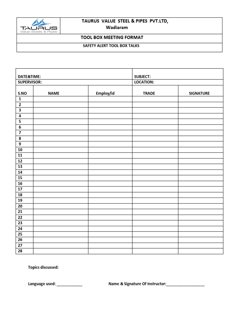 Taurus Value Steel & Pipes PVT - LTD, Wadiaram Tool Box Meeting Format ...