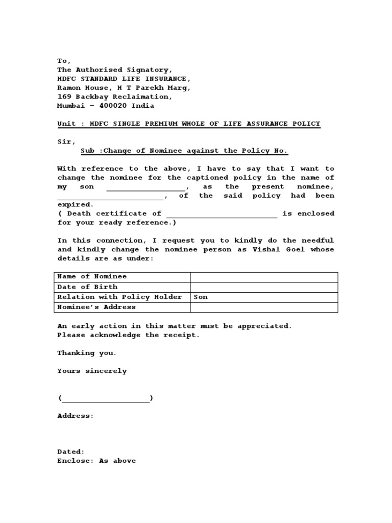Covering Letter For Nominee Change After Death PDF Life Insurance