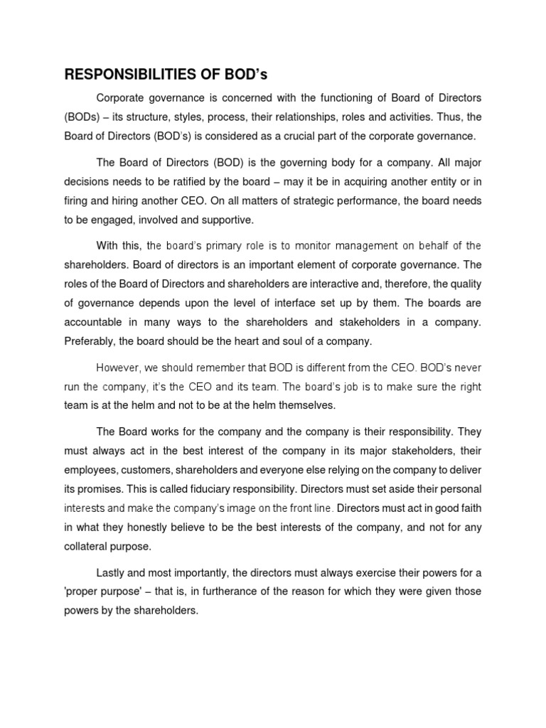 Responsibilities Of Bod | Pdf | Board Of Directors | Corporate Governance