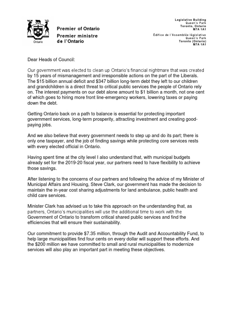 Letter From Premier Ford To Ontario's Municipalities | PDF | Ontario ...