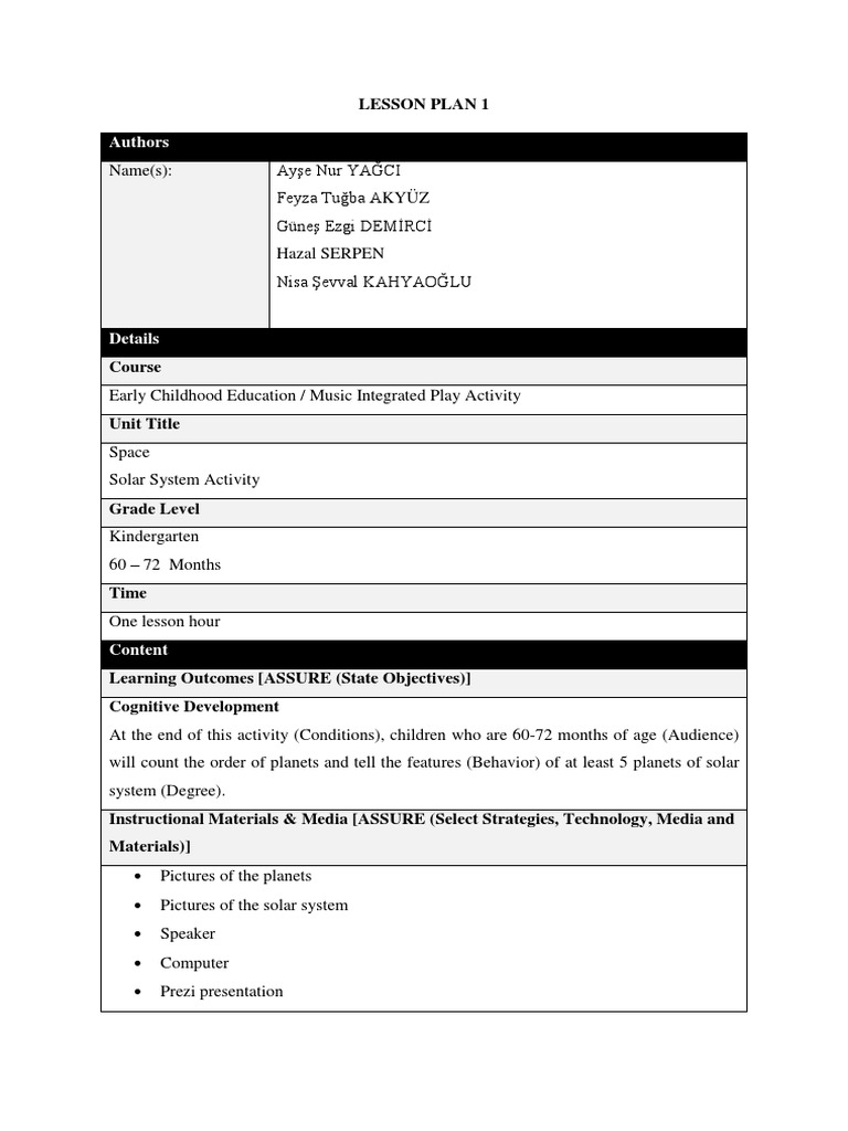 Kindergarten Solar System Lesson Plan | PDF | The Planets | Planets