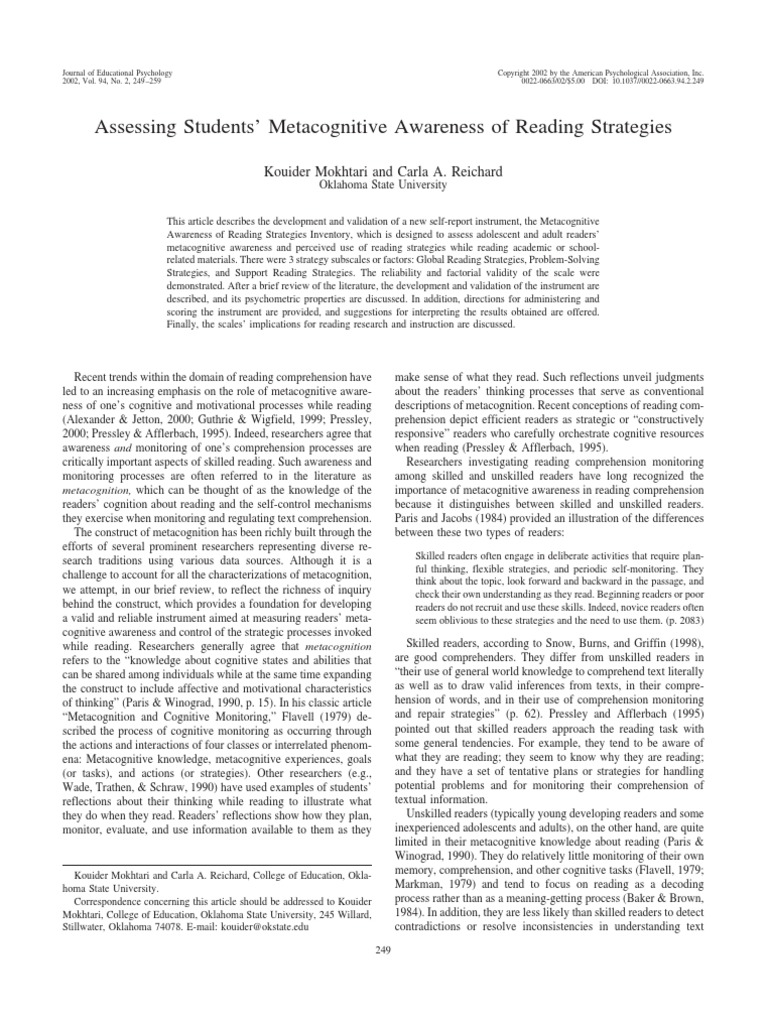 Assessing Students Metacognitive Awarene PDF | PDF | Metacognition ...