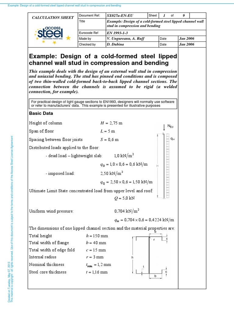 Example design of a cold formed steel lipped channel wall stud in