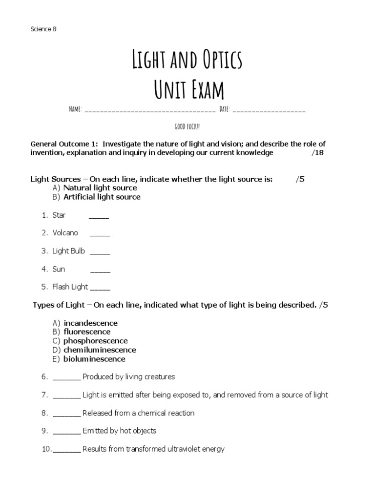 Unit Exam | PDF | Human Eye | Reflection (Physics)