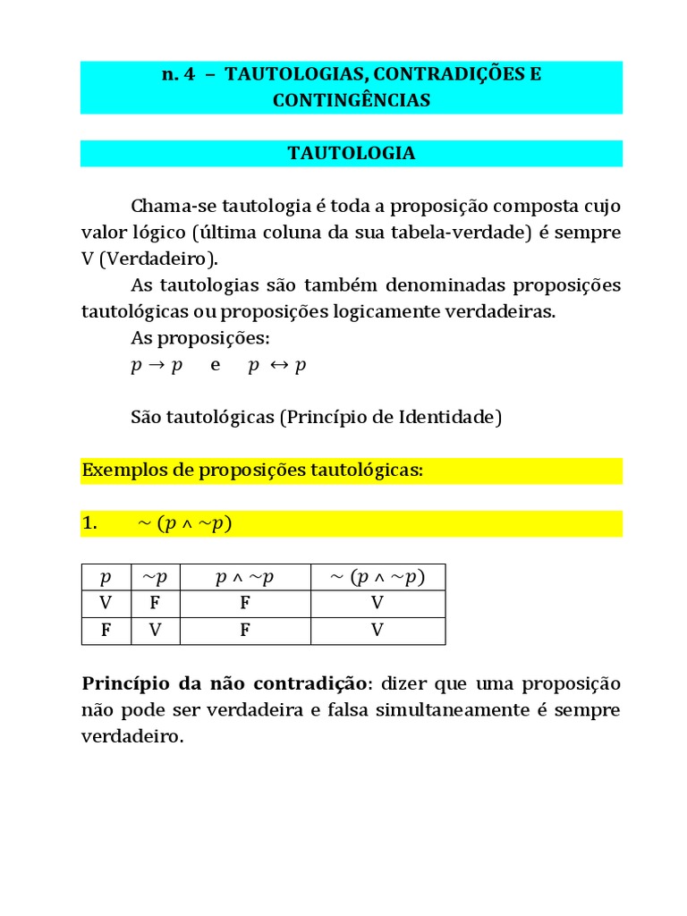 Tautologias, Contradições e Contingências | PDF | Contradição | Sintaxe ...