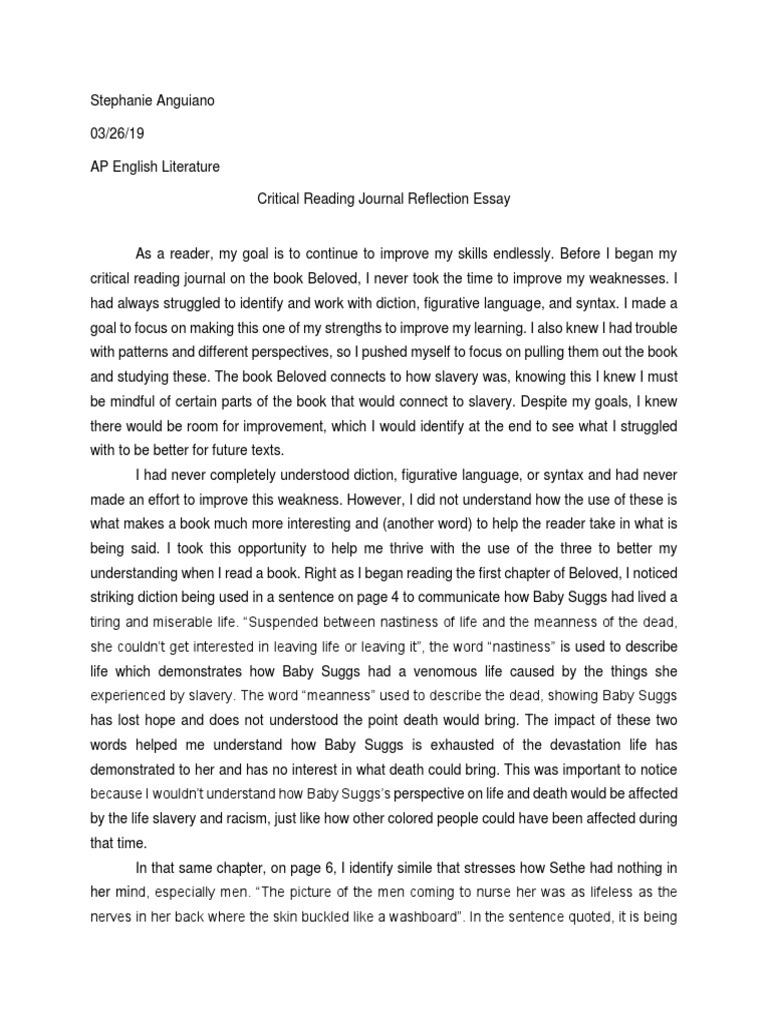 Critical Reading Journal Reflection Essay | PDF | Hope | Love
