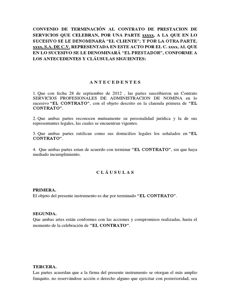CONVENIO DE TERMINACIÓN de Contrato Prestación de Servicios Profesionales |  PDF | Gobierno | Justicia