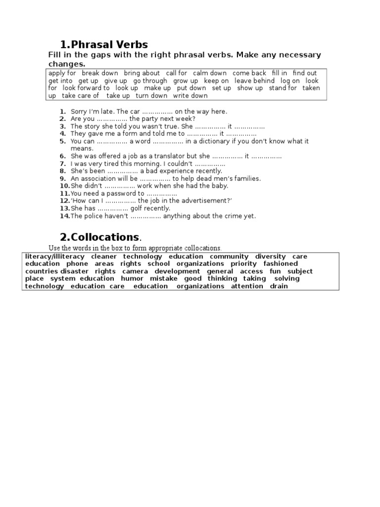 Phrasal Verbs and Grammar Exercises | PDF | Literacy | Grammar