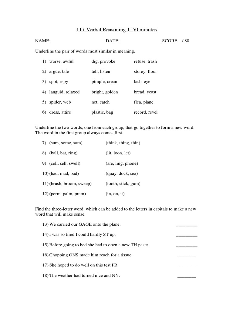 11+ Verbal Reasoning Practice Test | PDF | Teaching Methods & Materials