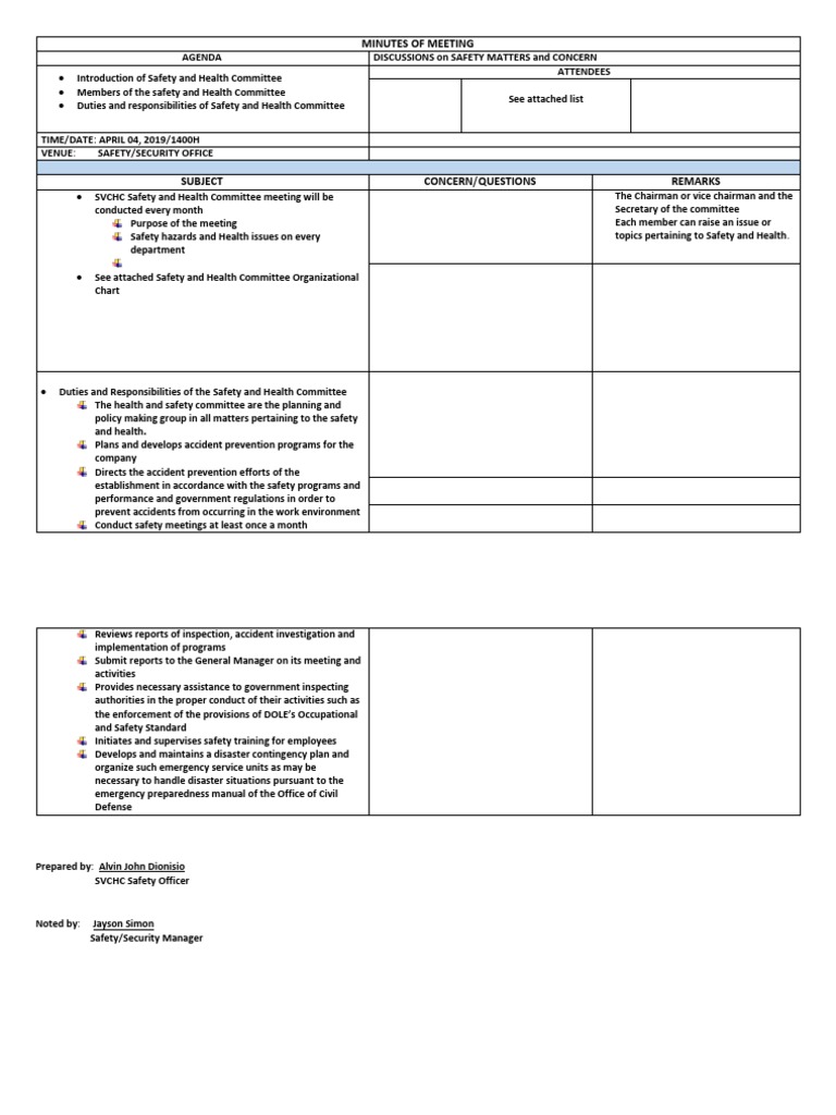 Minutes Of Meeting April | Pdf | Occupational Safety And Health | Safety