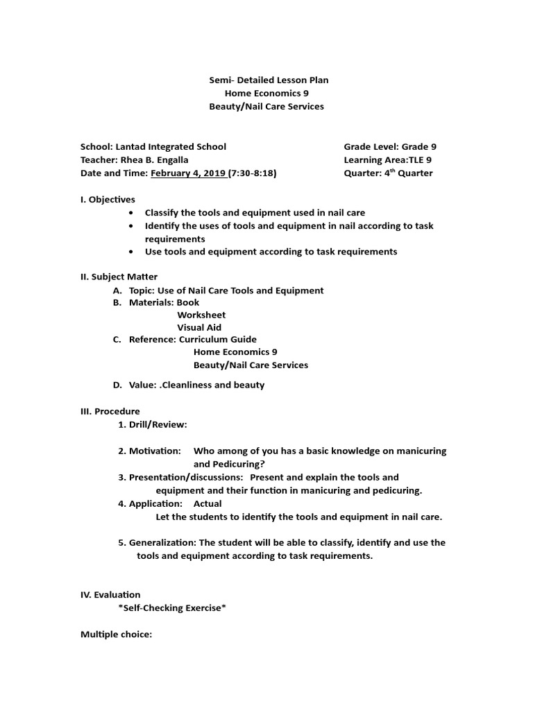 beauty care.doc | Lesson Plan | Nail (Anatomy)