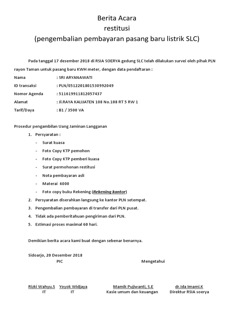 Contoh Surat Permohonan Restitusi Pln