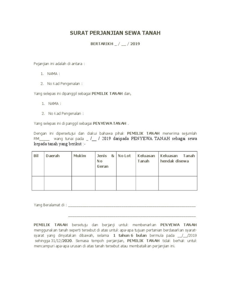 Contoh Surat Perjanjian Penyewaan Atau Pajakan Peralatan Dapur
