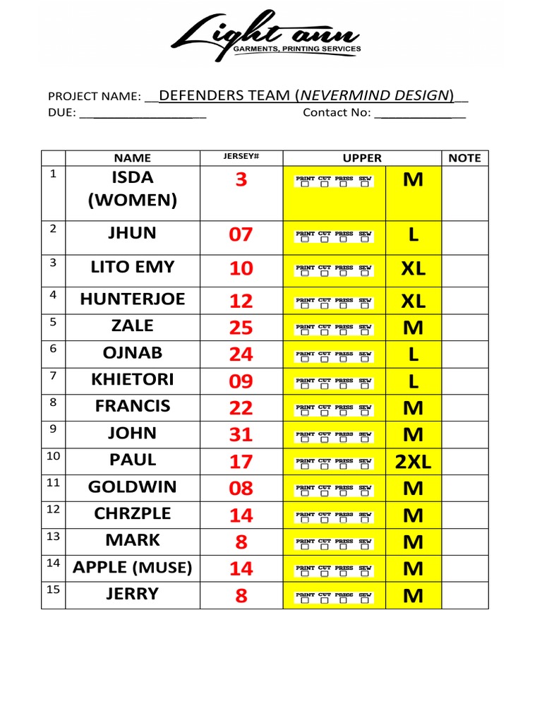 Defenders Team Jersey Sizes List | PDF