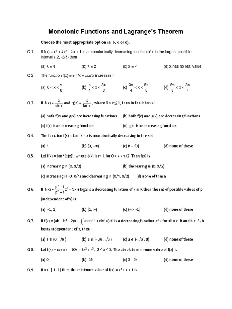 Monotonic Functions and Lagrange's Theorem Quiz | PDF | Monotonic ...