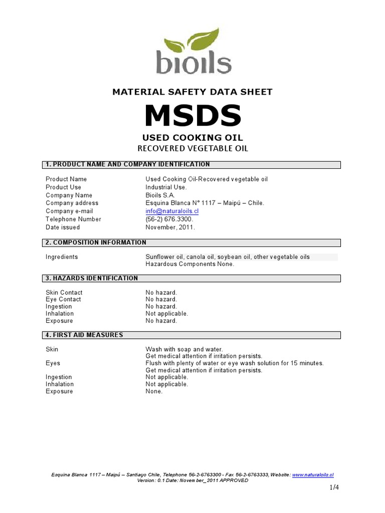 MSDS PDF Vegetable Oil Chemistry