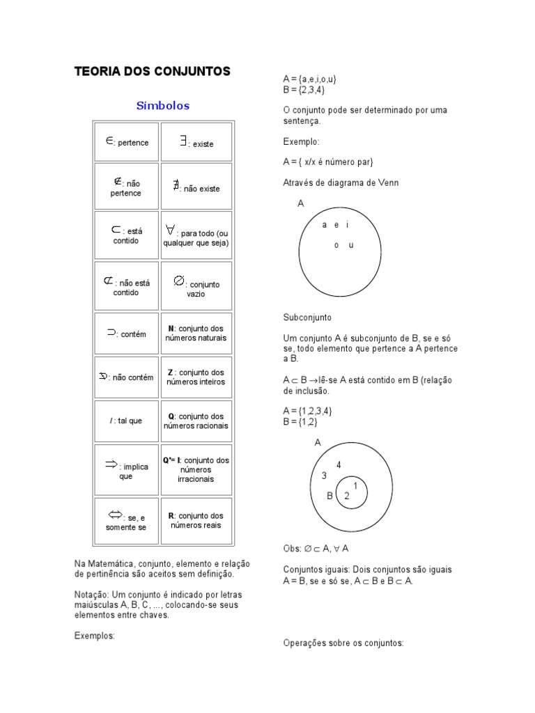 Teoria Dos Conjuntos: Símbolos | Conjunto (Matemática) | Números