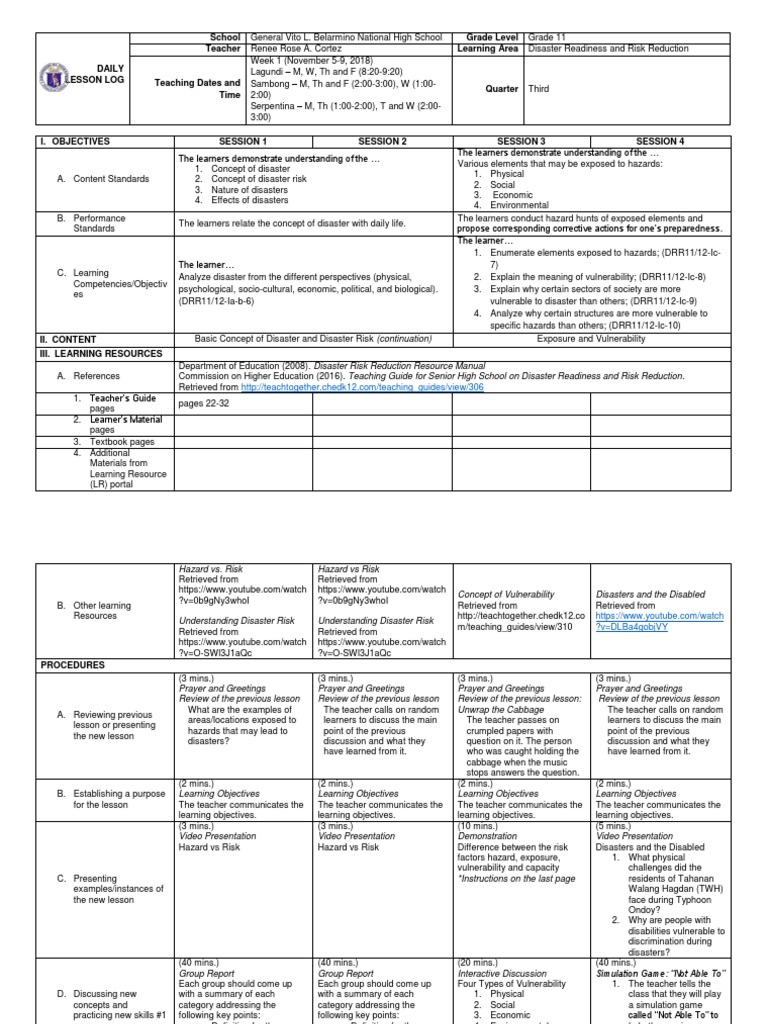 DRR Lesson Plan: Week 1 Overview | PDF | Hazards | Disability